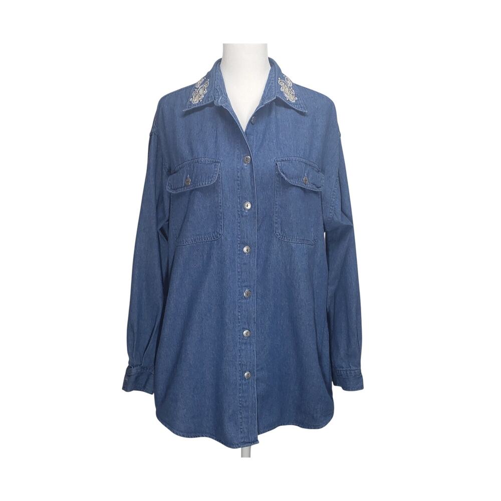 VTG 90s Red Hot Tog Shop Denim Shirt M Boxy Oversized Artisan Coastal Grandma